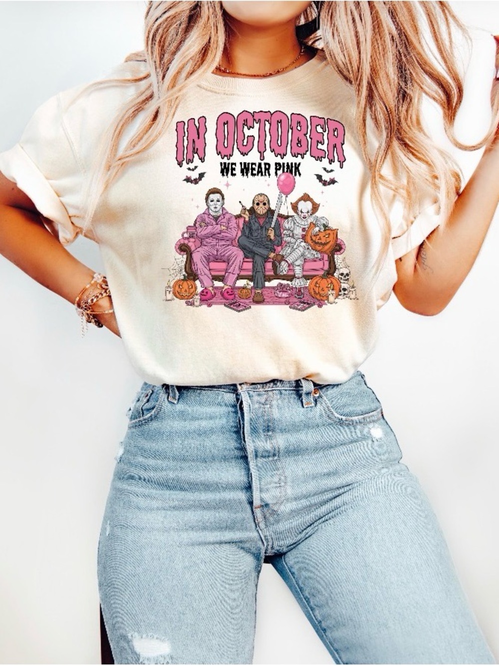 In October We Wear Pink Graphic Tee, Halloween Breast Cancer Awareness T-Shiet